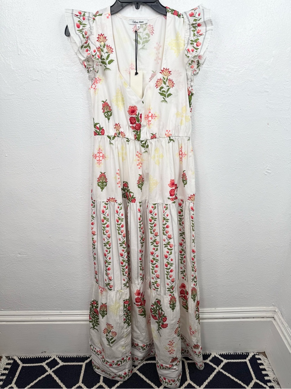 Celina Moon Dress Womens M Floral Tiered Maxi V-Neck Ruffle Cap Sleeves